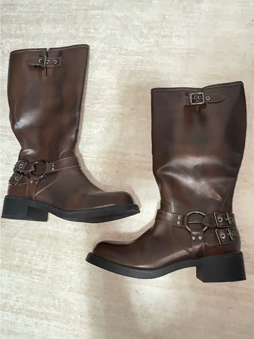 Brown Leather Harness Moto Boots Mid Calf Chunky Block Heel